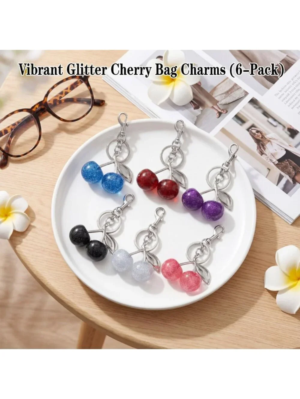 Charming Glitter Cherry Keychain Set - Bling Gold & Silver Handbag Accessories